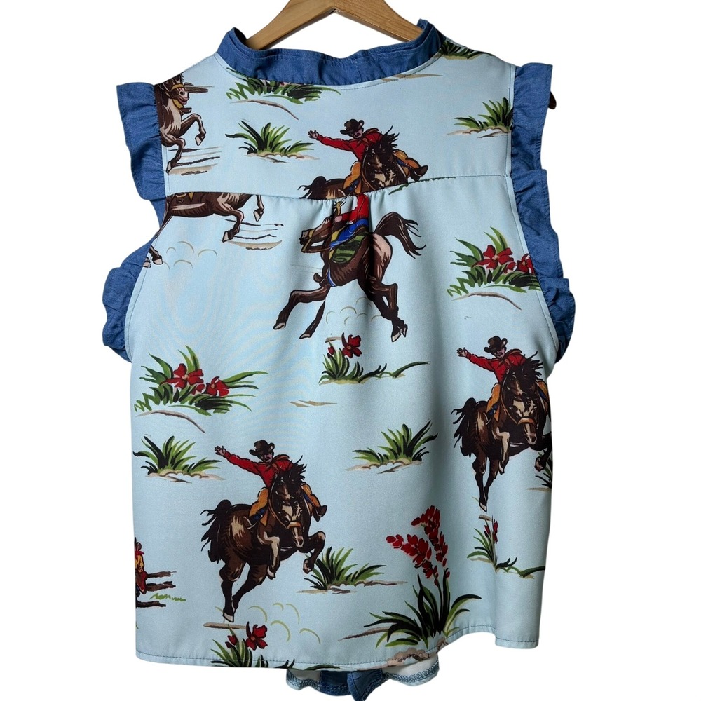 Vintage Cowboy Western Blouse Women Sz. XL Blue Ruffle Rodeo Horse Print - Picture 3 of 8